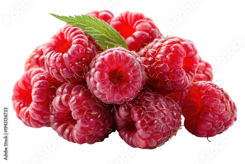 Fresh ripe raspberries with a green leaf isolated on transparent background. Vibrant fresh ripe red raspberries and a green leaf isolated on white background.