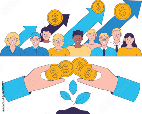 Business team financial growth concept, rising profit arrows and investment coins, corporate success vector illustration