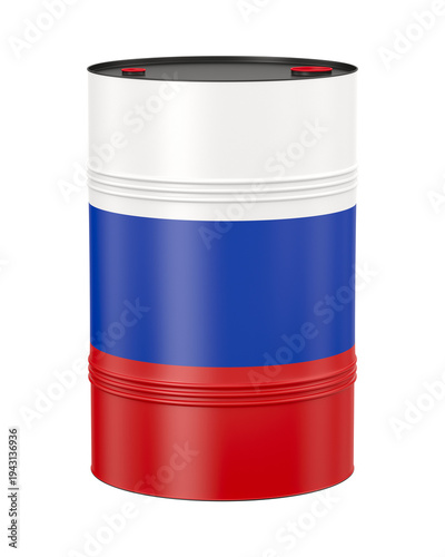 Steel oil drum with Russian flag on white background. Isolated 3D illustration