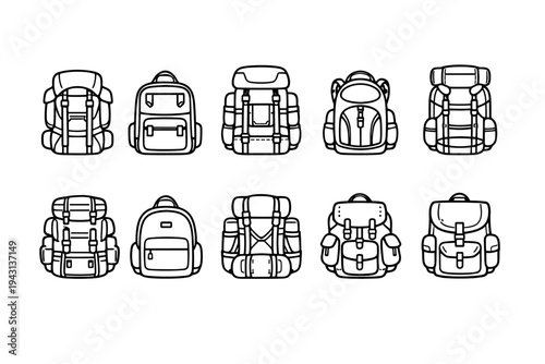 Camping and hiking line icon set. Backpack, outdoor gear, travel accessory collection.