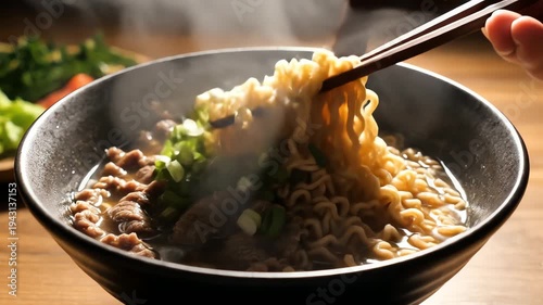 Steaming bowl of noodles with meat and vegetables closeup