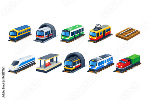 Transport 3d icon set: trains, subway, locomotive and public transit collection