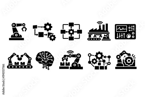 Manufacturing and automation solid icon set: production, industry symbols collection