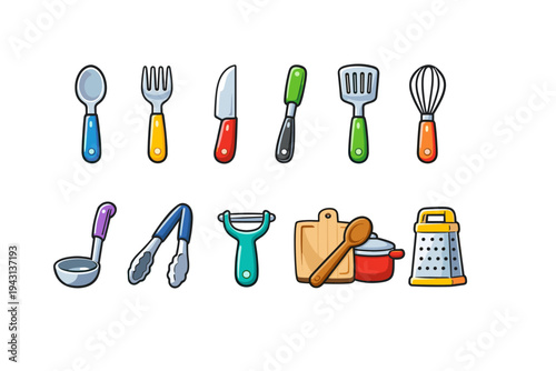 Kitchen tools icon set. Flat kitchen utensils, cooking essentials icon collection