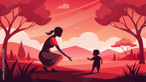 Silhouette of a person carrying a child at sunset in a forest