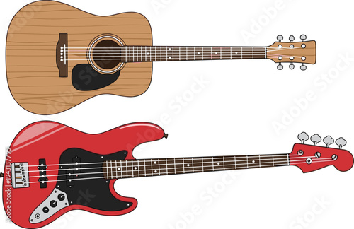 Acoustic Guitar and Electric Bass Vector Illustrations Highlighting Musical Instrument Difference