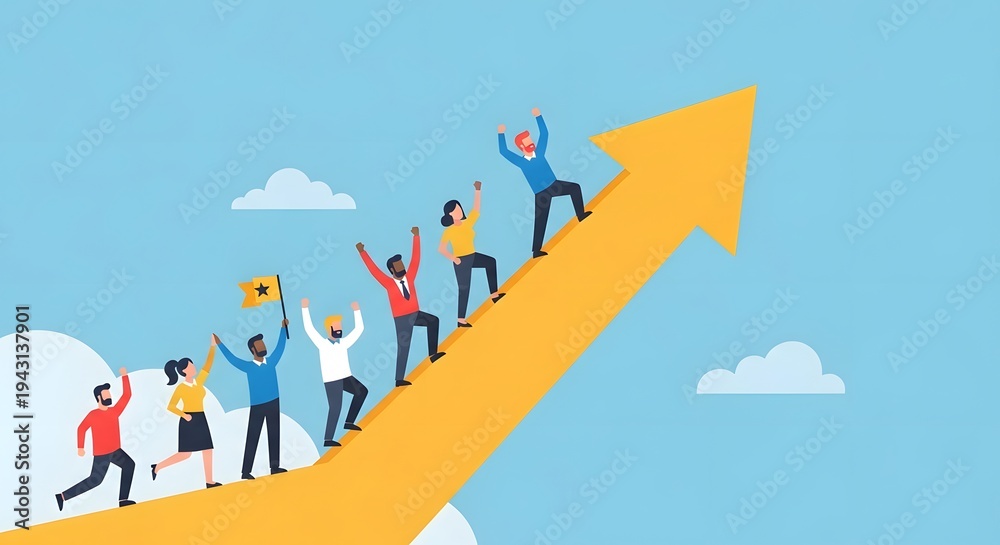 Obraz premium A group of people climbing up an arrow pointing upwards in a blue sky with clouds