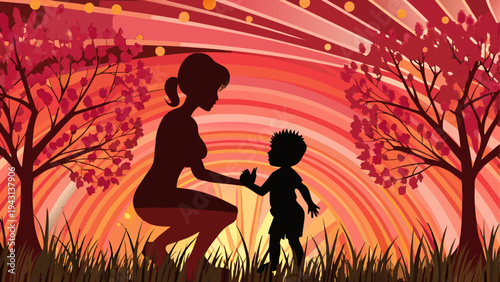 Silhouette of a parent and child walking under autumn trees at sunset
