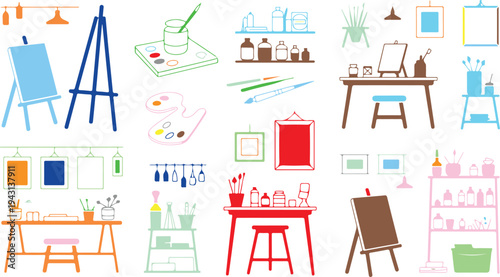Colorful artistic supplies and studio tools for painting and art projects in a creative workspace