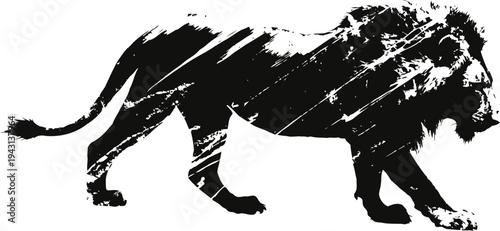 Black lion silhouette with distressed texture walking to the right side in artistic