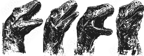 Black and white dinosaur heads in four different roaring poses prehistoric reptile sketch set with open mouths