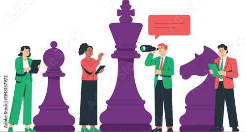 Business team strategy planning with chess pieces, leadership vision and corporate decision making vector illustration concept