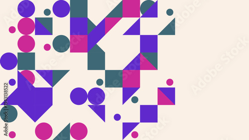 Vibrant geometric pattern of colorful shapes and circles on a light background, abstract digital art.