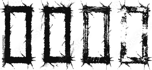 Grunge black frames with rough textured edges in various rectangular shapes, artistic border design elements for creative use