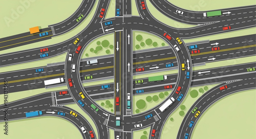 Aerial View of a Busy Traffic Roundabout Illustration.
