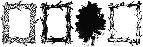 Rustic wooden frames and black paint splash isolated on white background