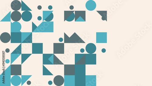 Modern abstract pattern with geometric shapes and teal color accents on a cream background.