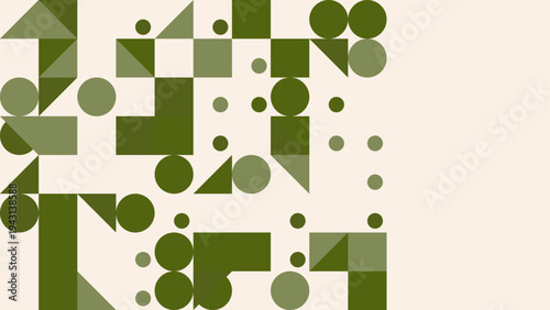 Abstract geometric pattern with circles, squares, and triangles in soothing green and beige tones