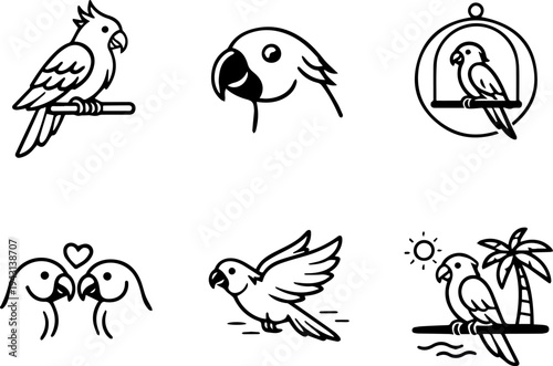 Parrot tropical bird pet line icons