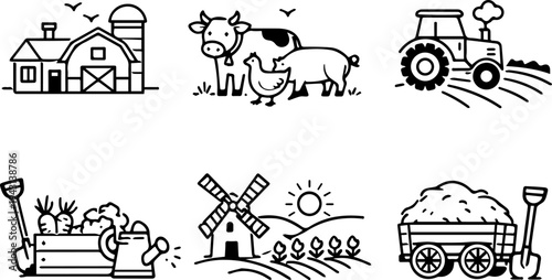 Farm agriculture rural life line icons