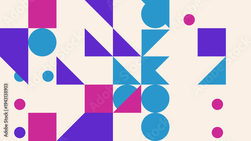 Playful geometric pattern with vibrant circles and squares in a modern design.