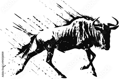 Running wildebeest silhouette with dynamic motion lines in black and white illustration