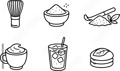 Matcha tea Japanese drink line icons
