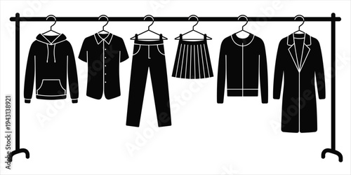 Black Silhouette Collection of Clothing Items Hanging on a Rack Keywords: clothing, fashion, apparel, garments, rack, hanging