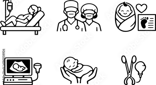 Childbirth hospital maternity healthcare line icons