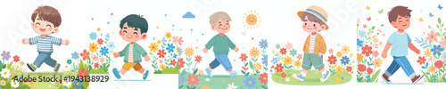 vector of a little boy walking happily in the park during spring