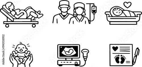 Childbirth maternity hospital medical line icons