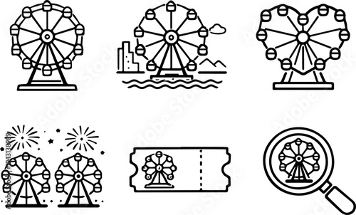 Ferris wheel amusement park line icons. Vector
