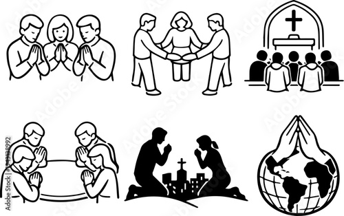 Prayer faith religion spiritual line icons