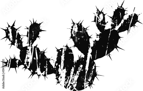 Black silhouette of prickly cactus with sharp spines on white background