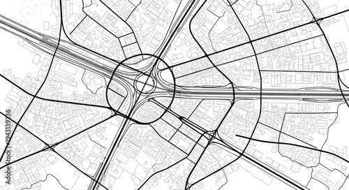 Detailed Black and White Map of a City Center.