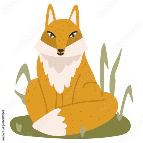 Cunning red fox sits on the grass. Wild fox in the forest. Flat vector illustration.