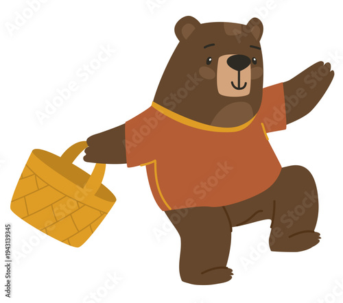 Bear with a basket picking berries. Bear character. Flat vector illustration.
