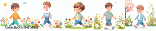 vector of a little boy walking happily in the park during spring