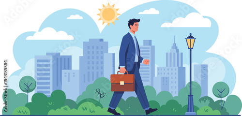Businessman walking in city park, urban business lifestyle, professional career journey and corporate success vector illustration concept