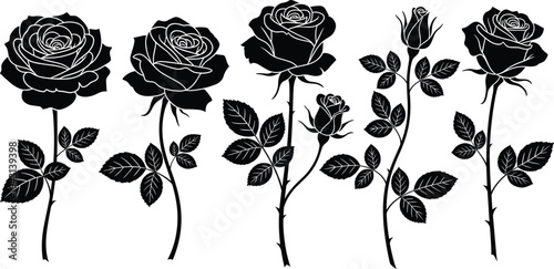 Black botanical silhouettes set, floral leaf branch icons collection, monochrome garden plant elements, minimalist nature symbols, vector floral graphics, decorative icons,