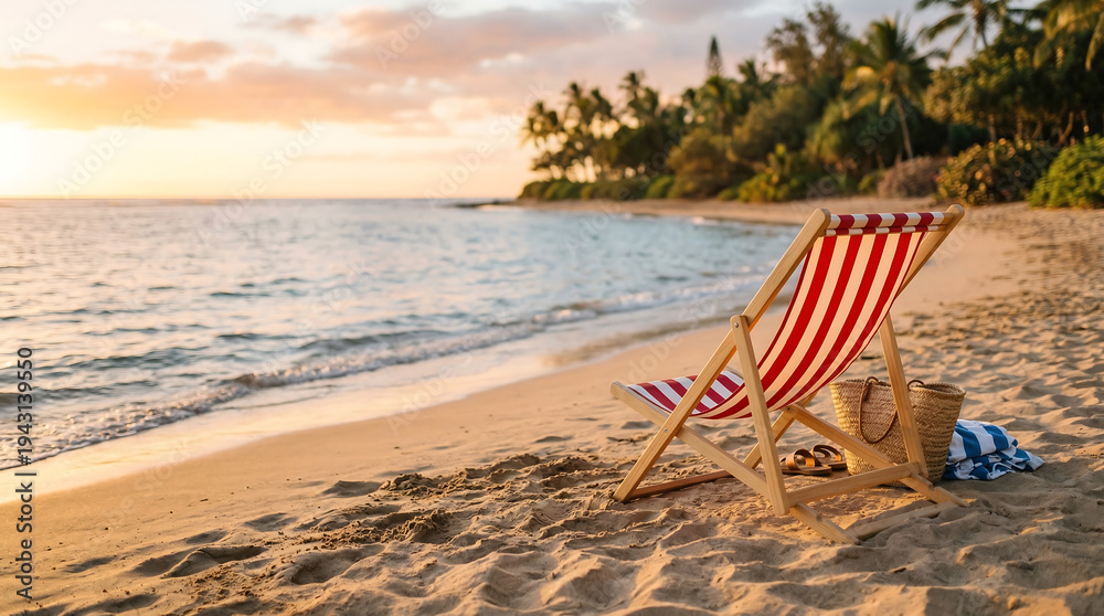 Obraz premium Red and white striped deckchair on a sandy beach beside calm ocean waves during golden hour