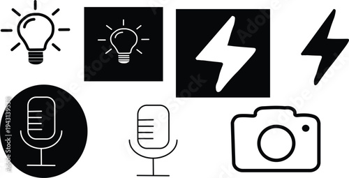 Set of 6 media icons vector, black and white