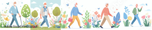 vector of a grandfather walking happily in the park during spring
