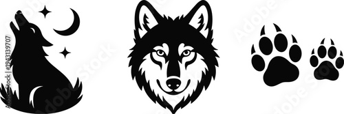 Black Silhouette Set of a Howling Wolf, Wolf Face, and Paw Prints Keywords: wolf, howling, moon, stars, night, animal, wildlife