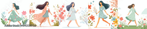 vector of a woman walking happily in the park during spring