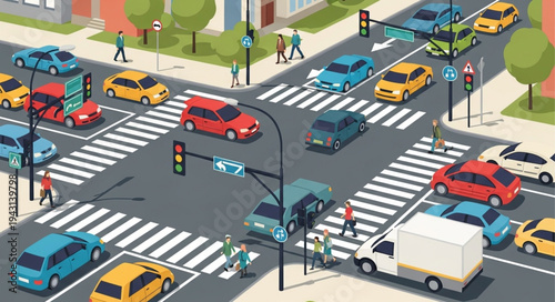 Isometric City Intersection with Cars and Pedestrians in Motion.