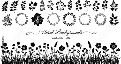 Black flower branch silhouette, minimalist botanical twig illustration, hand drawn garden nature element, spring floral icon, isolated on white background. (20 words)