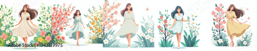 vector of a woman standing happily in the park during spring