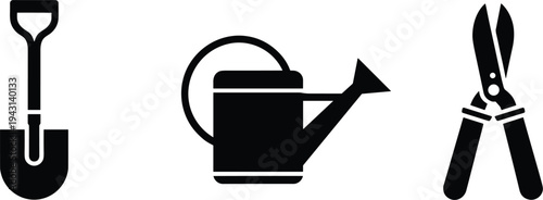 Black silhouettes of gardening tools shovel watering can and shears on white background spade