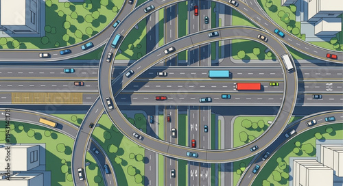 Aerial View of a Complex Highway Interchange with Traffic.